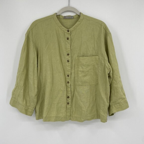 Everlane Women's Size M Green 100% Linen Button Up Peasant Blouse Boxy Relaxed - Picture 8 of 11